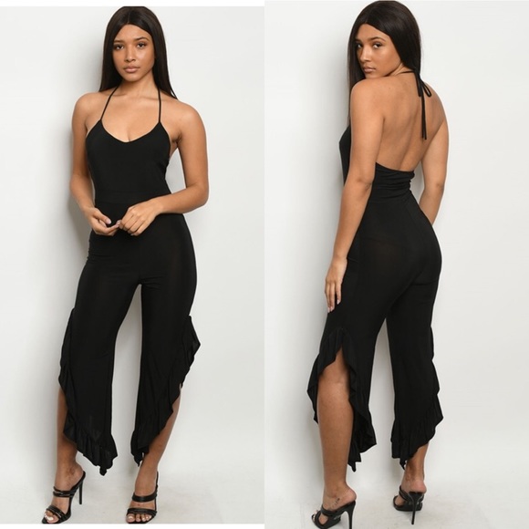 nwot Black Strapless Ruffle Leg Cami Halter Jumpsuit - Picture 2 of 8